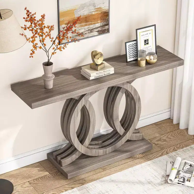 Table console de 55" gris style ferme, cadre géométrique en bois, plateau imperméable, capacité de 200 lb