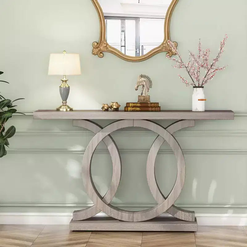 Table console de 55" gris style ferme, cadre géométrique en bois, plateau imperméable, capacité de 200 lb