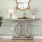Table console de 55" gris style ferme, cadre géométrique en bois, plateau imperméable, capacité de 200 lb