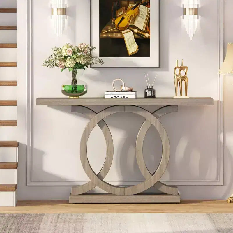 Table console de 55" gris style ferme, cadre géométrique en bois, plateau imperméable, capacité de 200 lb