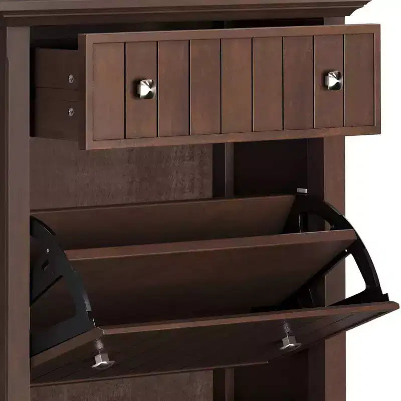 Meuble de Rangement à Chaussures pour Entrée, Peut Contenir 16 à 24 Paires, Portes Basculantes et Grand Tiroir, Bois Massif