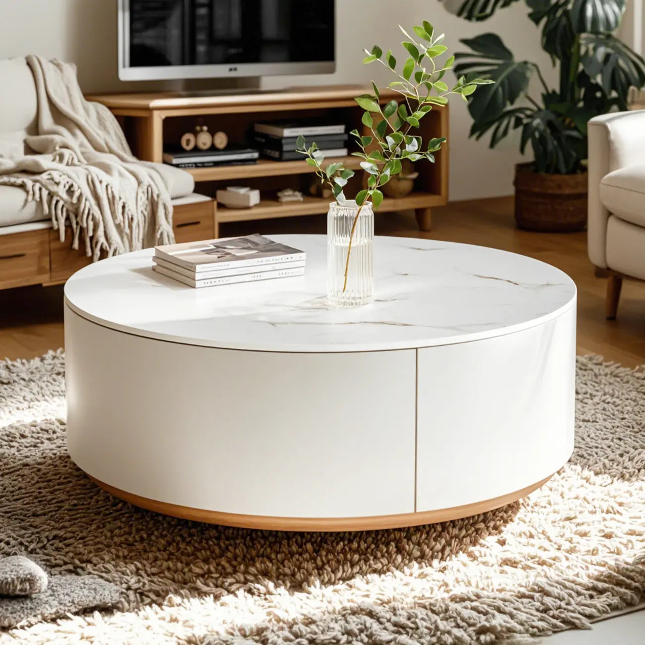 Table basse de forme tambour, ronde, en bois, moderne, blanche avec tiroir