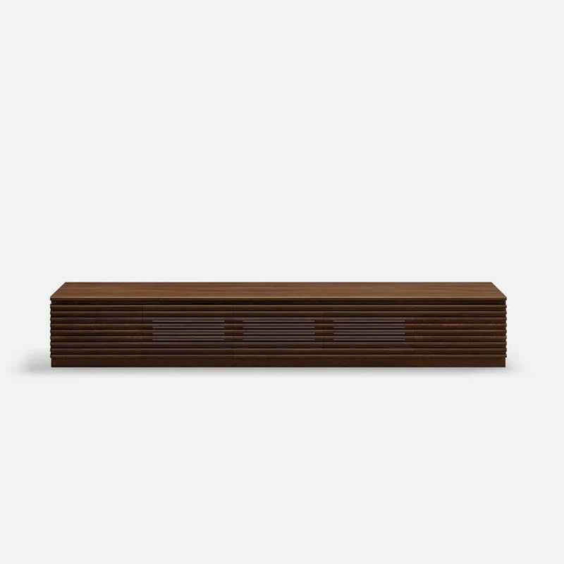 Meuble TV minimaliste avec tiroirsConsole multimédia en bois massif avec placards, porte abattante, placage noyer, entièrement assemblé