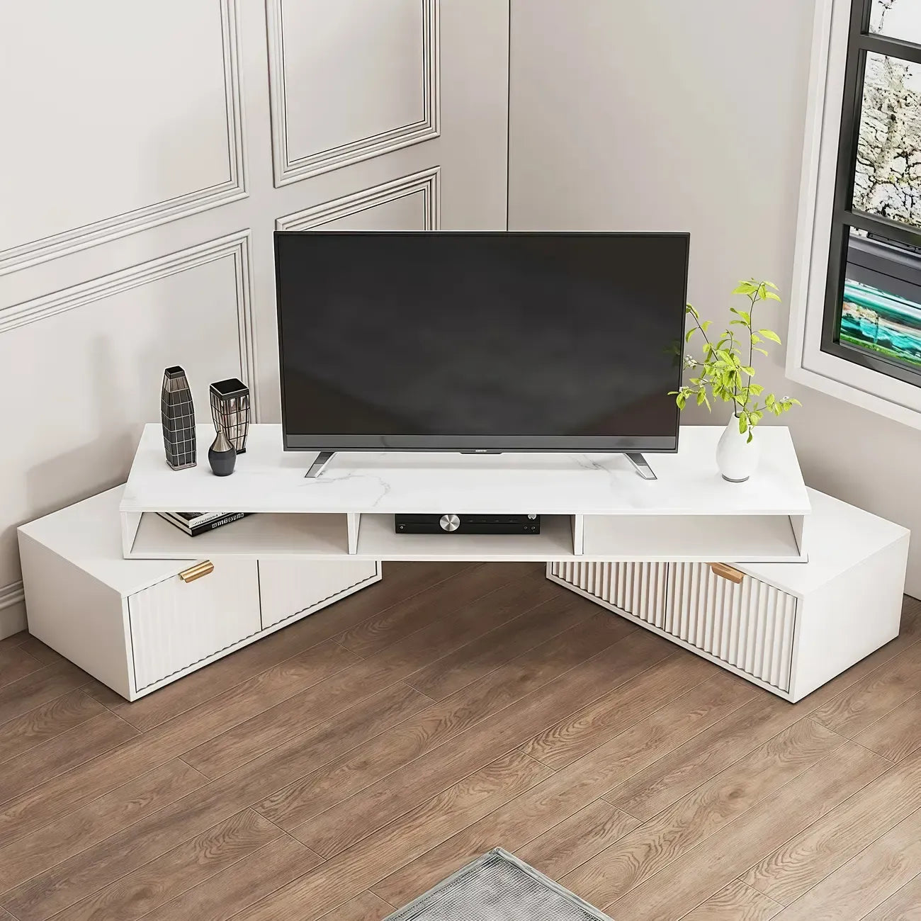 Meuble TV d'angle moderne blanc avec 2 tiroirs et rangement ouvert