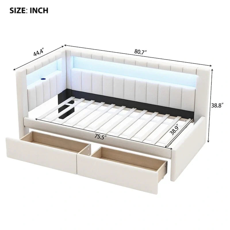 Lit plateforme rembourré avec ports USB et éclairage LED - Cadre de lit double/simple avec 2 tiroirs de rangement - Chambre à coucher moderne