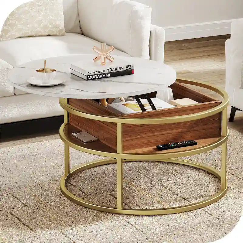 Table basse ronde relevable et extensible avec rangement dissimulé