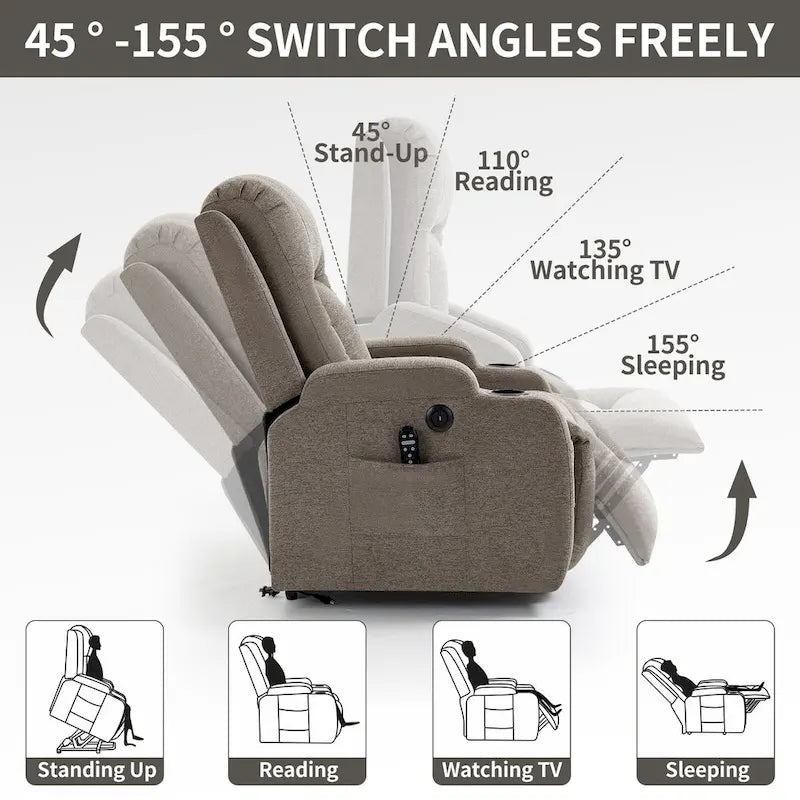 Fauteuil inclinable releveur électrique, fauteuil de massage moderne à moteur unique avec chauffage lombaire, port de chargement USB, porte-gobelets