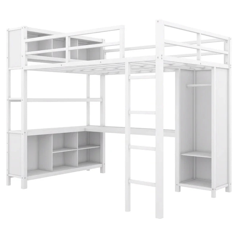 Lit mezzanine en métal blanc cassé avec bureau et armoire - Grand lit