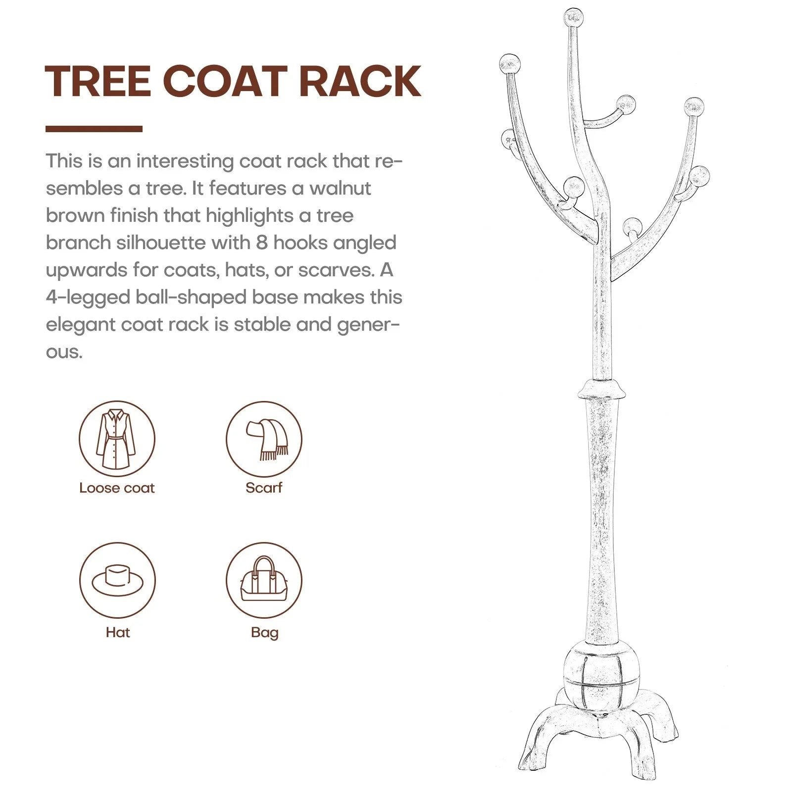 Porte-manteau sur pied en bois d'hévéa à motif de branches d'arbre avec 8 crochets - 24,5 l x 70,87 h