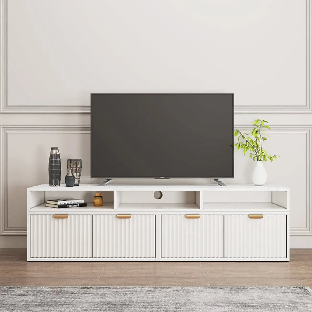 Meuble TV d'angle moderne blanc avec 2 tiroirs et rangement ouvert