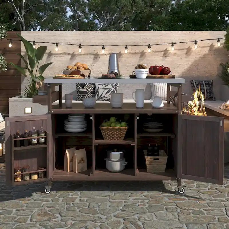 Îlot de cuisine extérieur, chariot de bar roulant et meuble de rangement, table de grillade en bois massif avec plateau en acier inoxydable, porte-épices, porte-serviettes