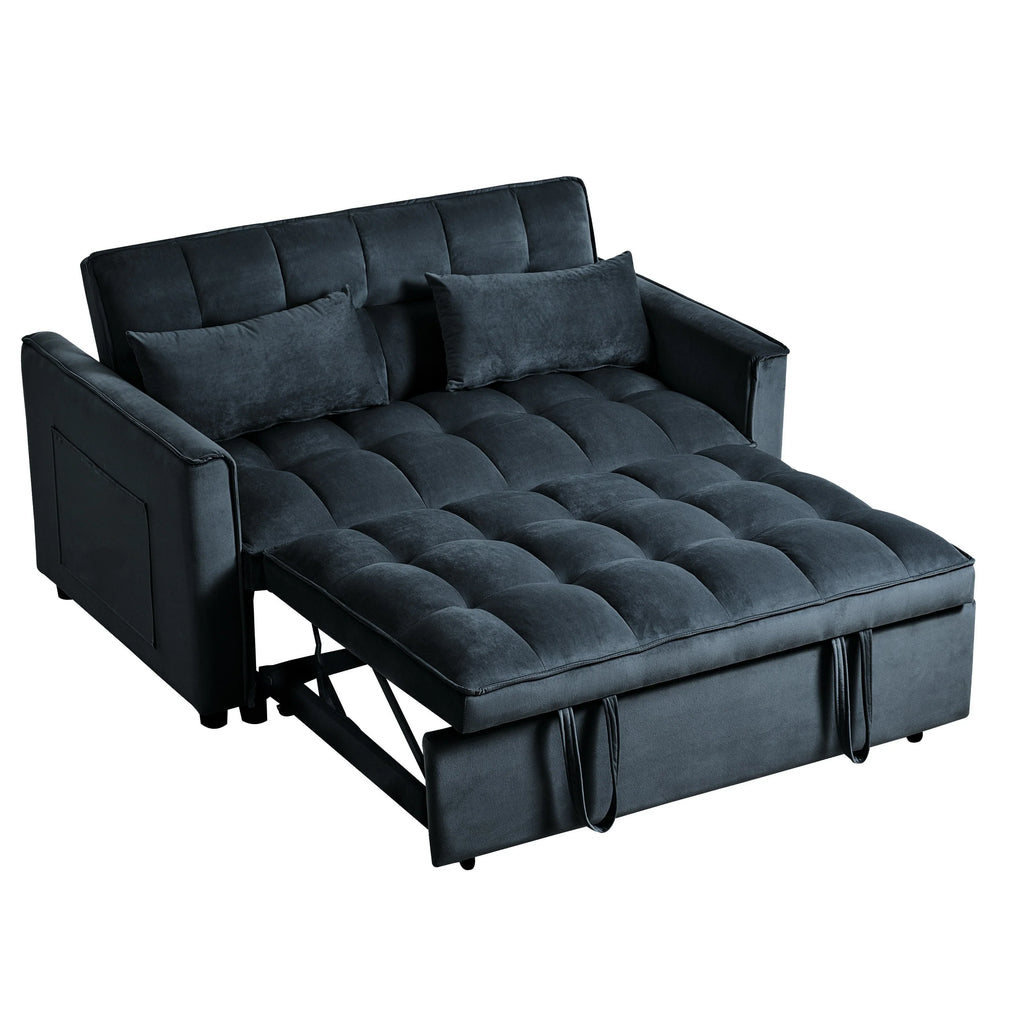 Canapé-lit moderne convertible, canapé-lit 3-en-1 avec dossier réglable, causeuse en velours, oreillers et poches latérales