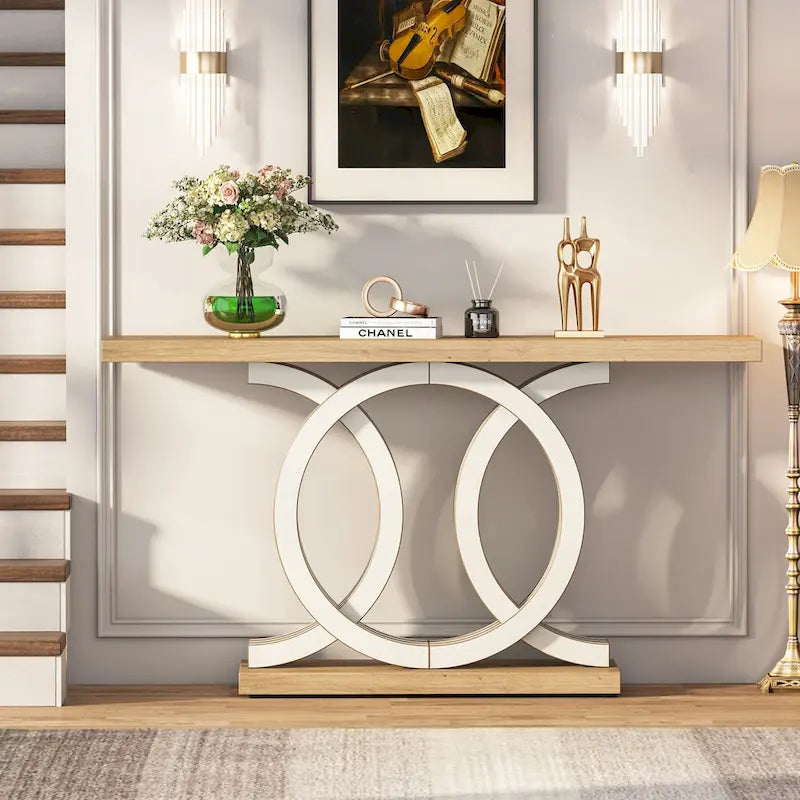 Console de style vintage avec base géométrique, table de couloir en bois