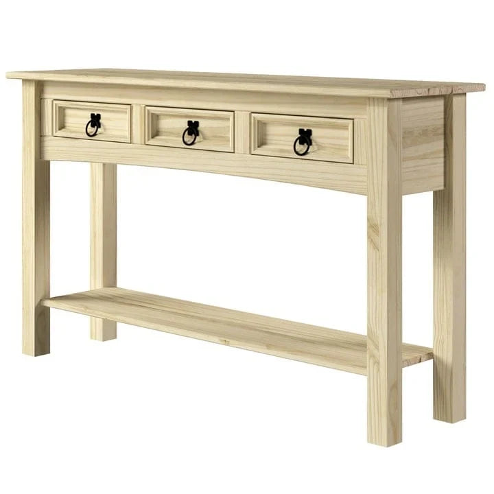 Console de couloir rustique en pin massif, blanc cérusé / marron antique / gris cérusé / non peinte, 3 tiroirs