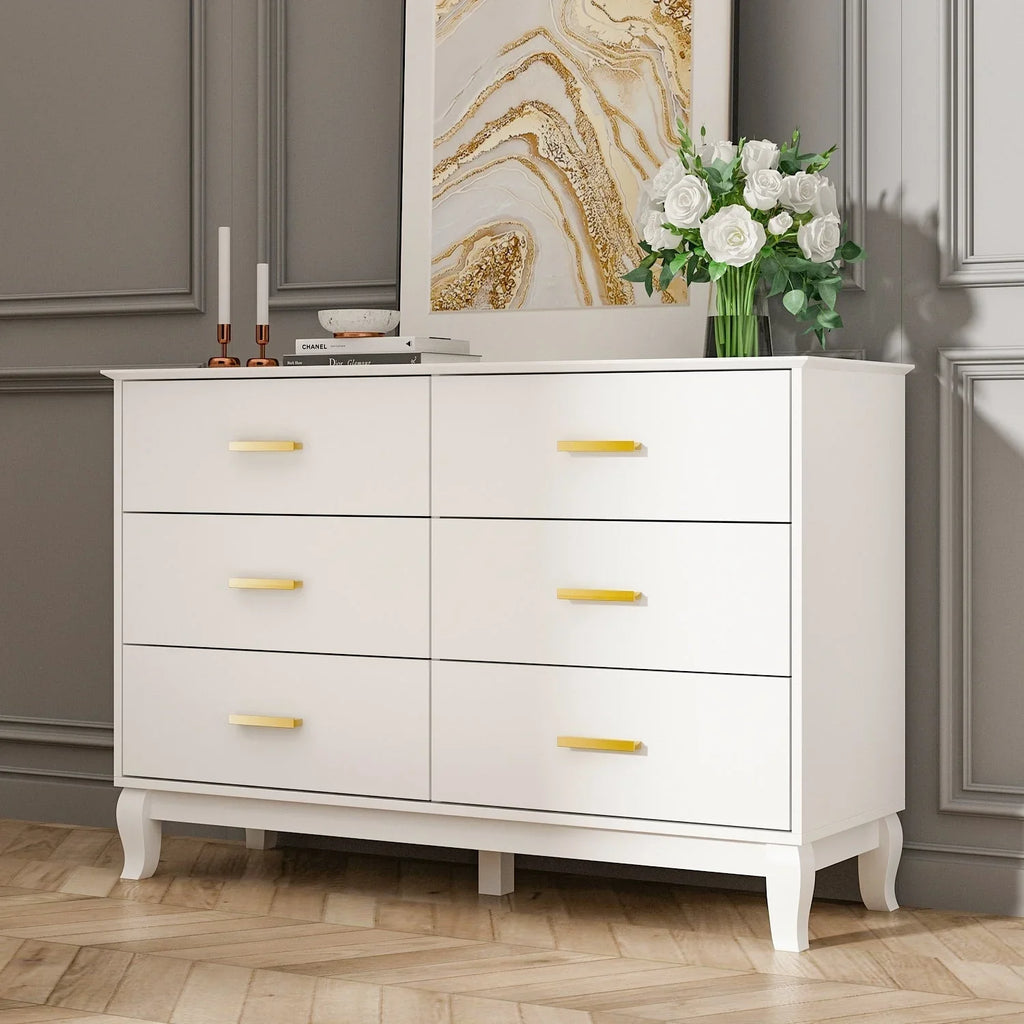 Commode double Timechee 6 tiroirs 47,2 po de largeur, pieds en bois massif, fini laqué