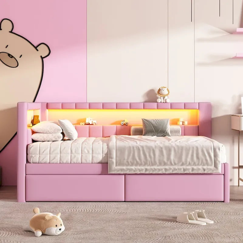 Lit plateforme rembourré avec ports USB et éclairage LED - Cadre de lit double/simple avec 2 tiroirs de rangement - Chambre à coucher moderne