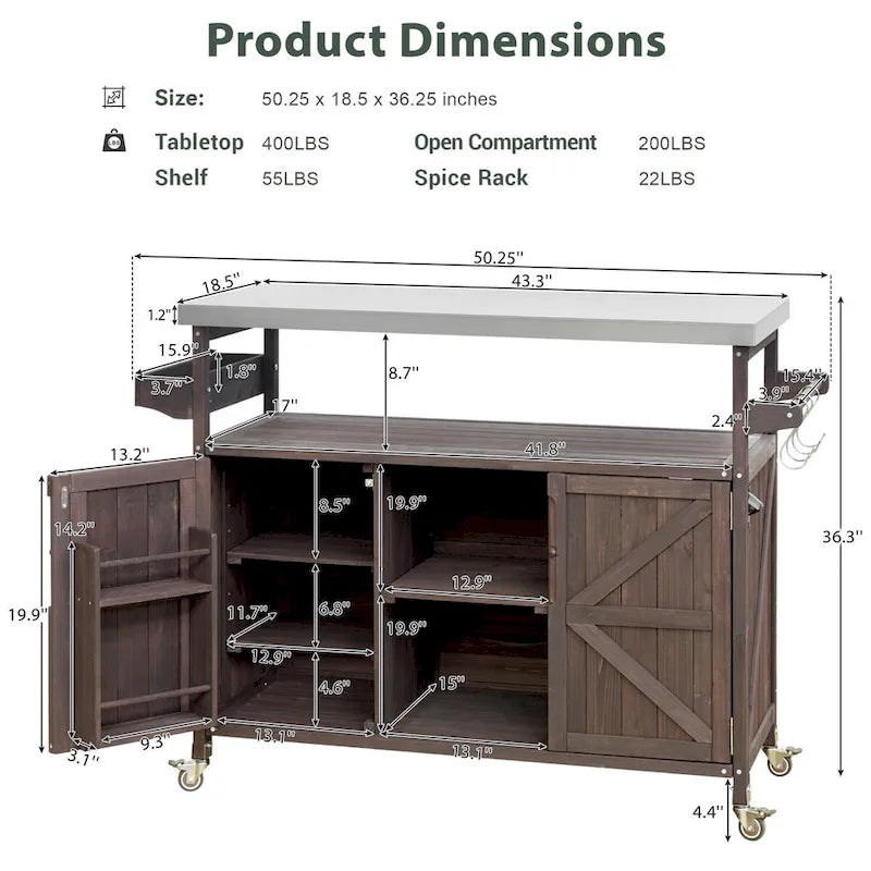 Îlot de cuisine extérieur, chariot de bar roulant et meuble de rangement, table de grillade en bois massif avec plateau en acier inoxydable, porte-épices, porte-serviettes