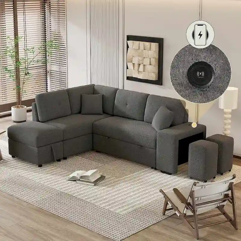 Canapé d'angle convertible avec pouf de rangement, canapé-lit pour salon