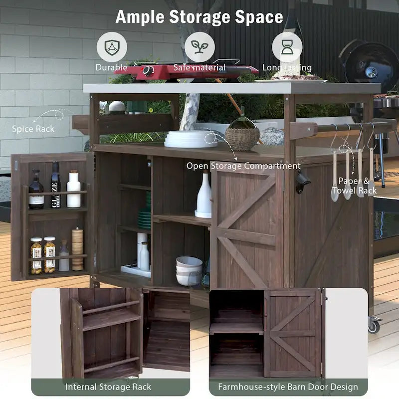Îlot de cuisine extérieur, chariot de bar roulant et meuble de rangement, table de grillade en bois massif avec plateau en acier inoxydable, porte-épices, porte-serviettes