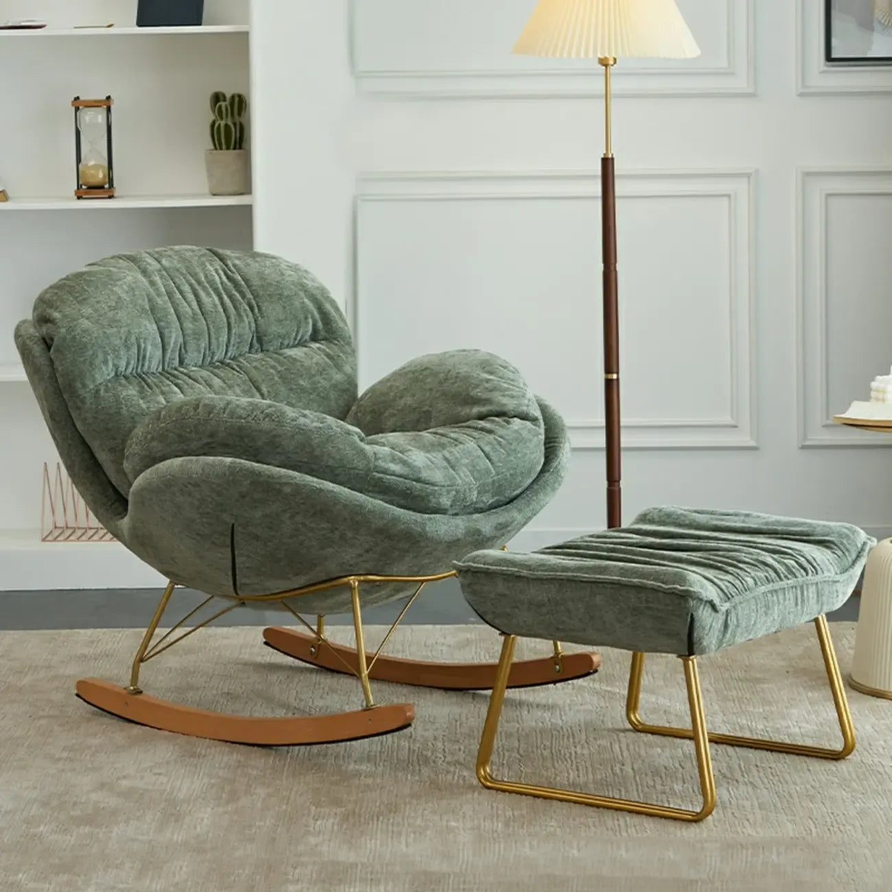 Fauteuil à bascule ergonomique rembourré en velours moderne pour chambre de bébé