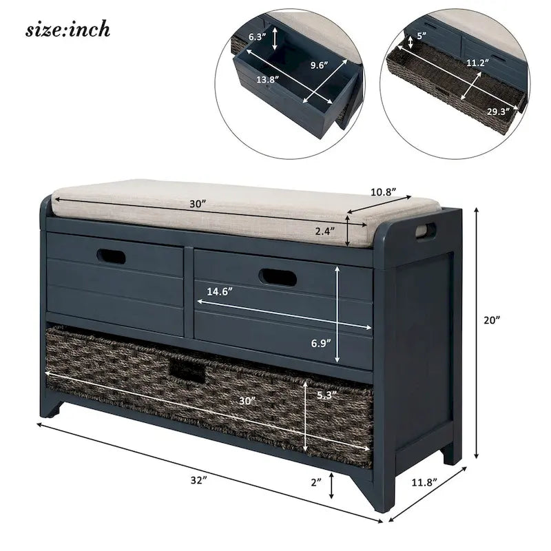 Banc de rangement en bois avec 2 paniers tressés