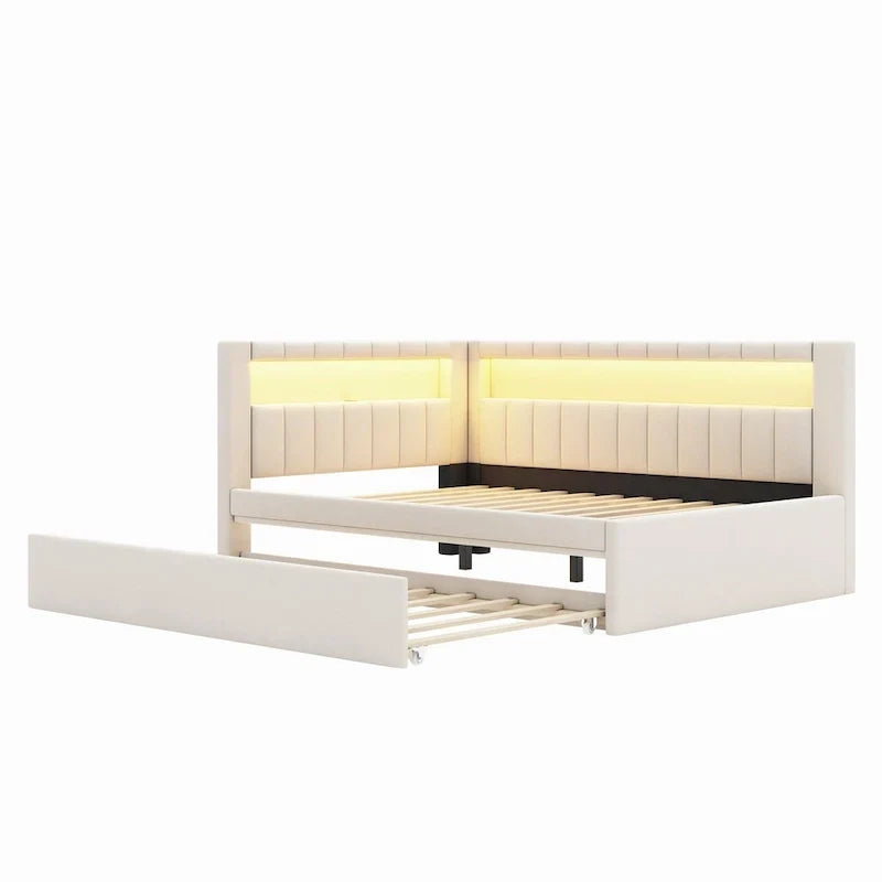 Lit plateforme rembourré avec ports USB et éclairage LED - Cadre de lit double/simple avec 2 tiroirs de rangement - Chambre à coucher moderne