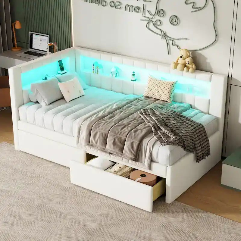 Lit plateforme rembourré avec ports USB et éclairage LED - Cadre de lit double/simple avec 2 tiroirs de rangement - Chambre à coucher moderne