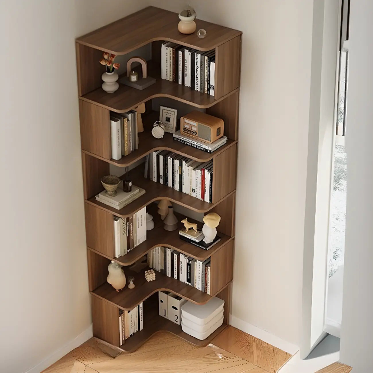 Étagère d'angle en bois manufacturé à 6 tablettes