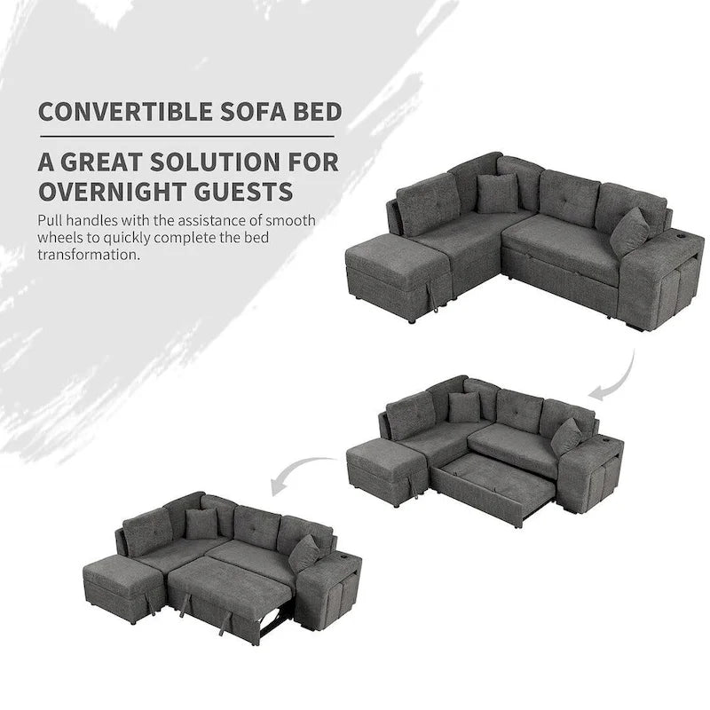 Canapé d'angle convertible avec pouf de rangement, canapé-lit pour salon