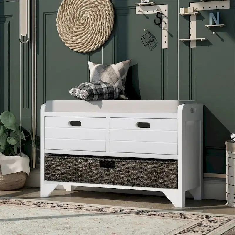 Banc de rangement en bois avec 2 paniers tressés