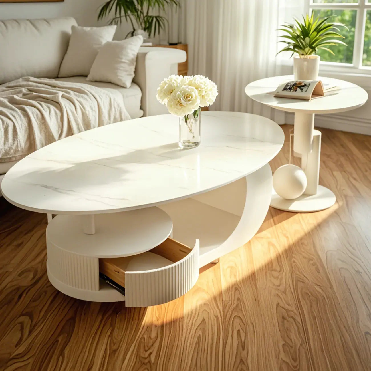 Table basse moderne avec plateau en pierre blanche anti-rayures