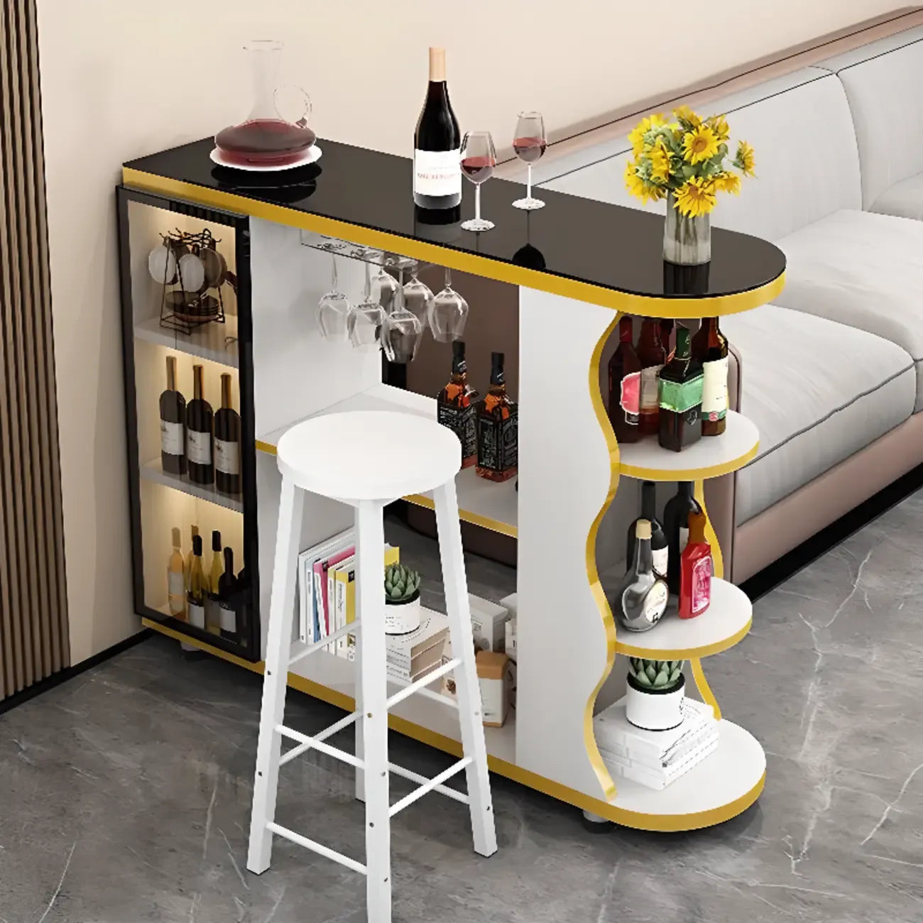 Table de bar contemporaine en pierre à plateau libre avec rangement pour bars à domicile