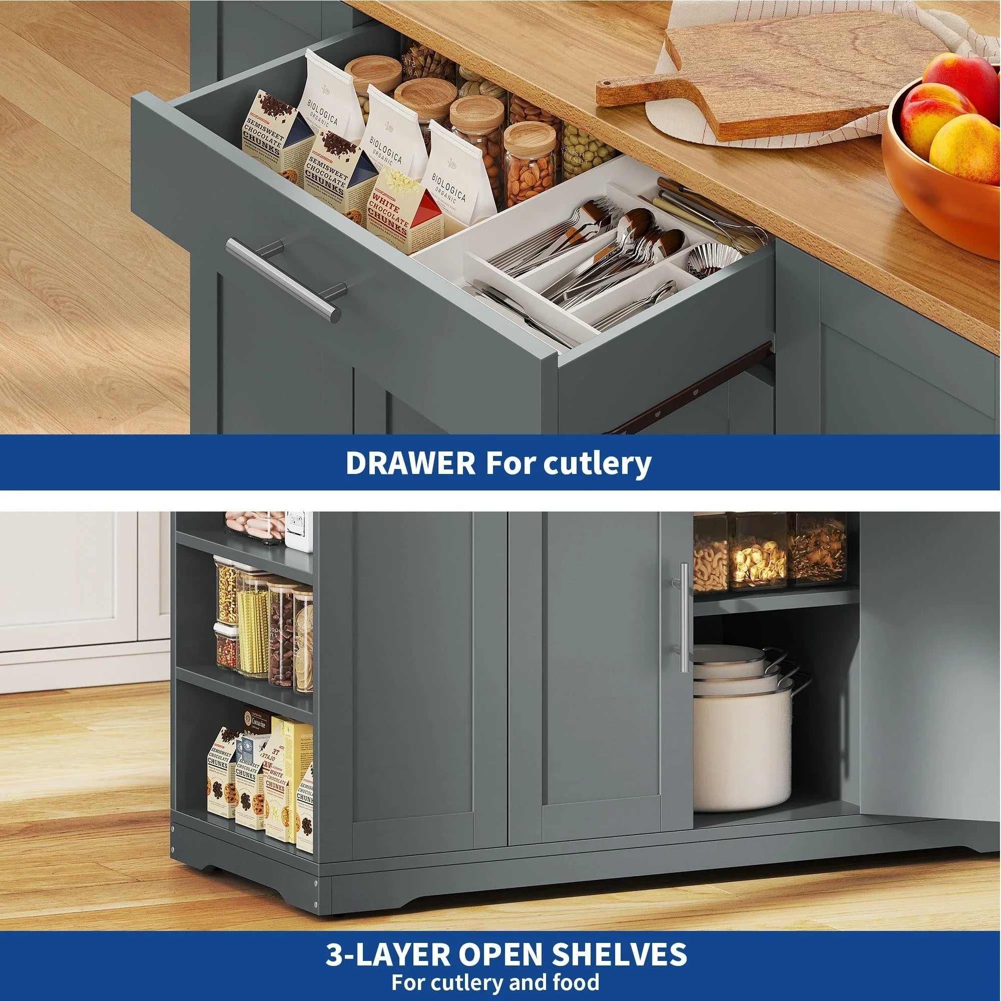 Moasis 53 pouces, îlot de cuisine roulant, armoire de rangement, chariot de cuisine mobile portable