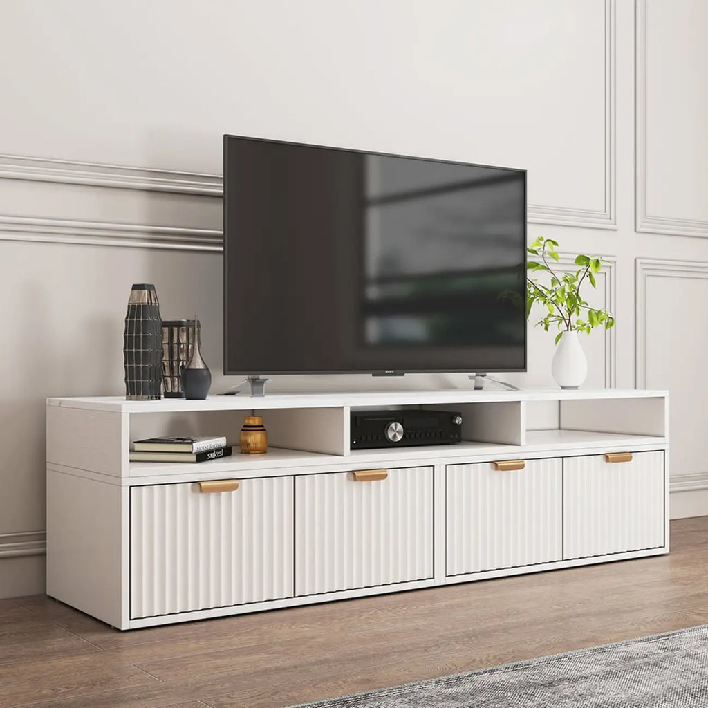 Meuble TV d'angle moderne blanc avec 2 tiroirs et rangement ouvert