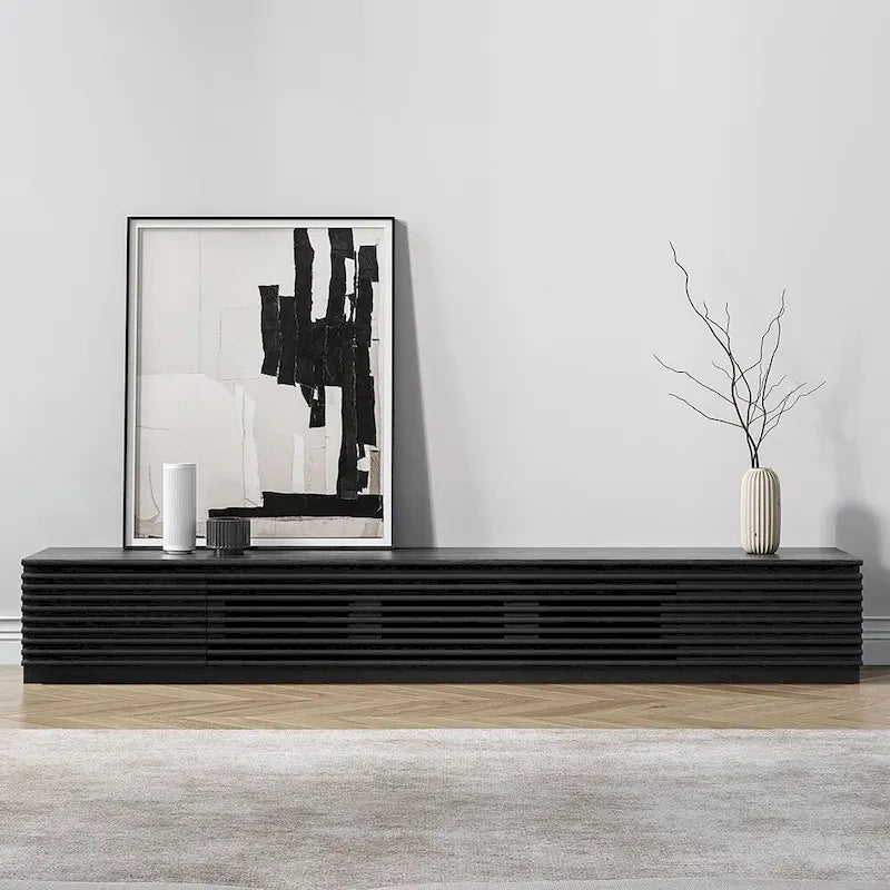 Meuble TV minimaliste avec tiroirsConsole multimédia en bois massif avec placards, porte abattante, placage noyer, entièrement assemblé