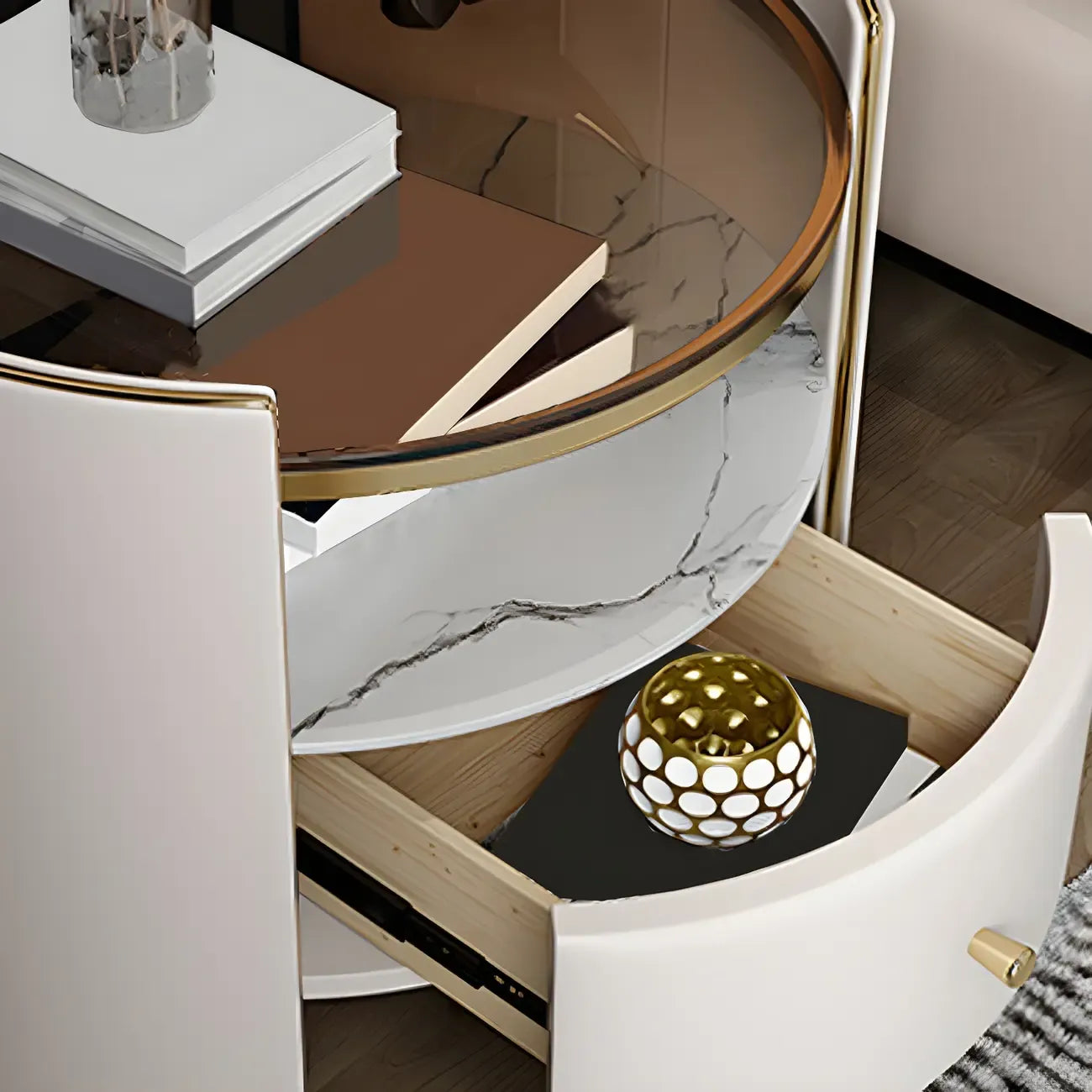 Table de chevet de luxe en verre avec tiroir de rangement et niche ouverte