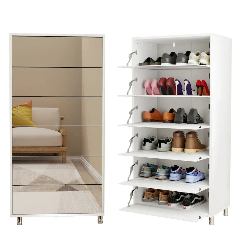 Meuble à chaussures miroir avec 6 tiroirs à abattant, organisateur de rangement pour une grande quantité de chaussures, 4 pieds en métal, porte à abattant à ouverture manuelle.
