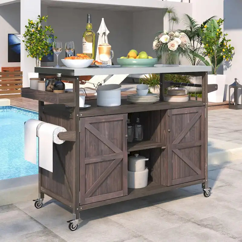 Îlot de cuisine extérieur, chariot de bar roulant et meuble de rangement, table de grillade en bois massif avec plateau en acier inoxydable, porte-épices, porte-serviettes