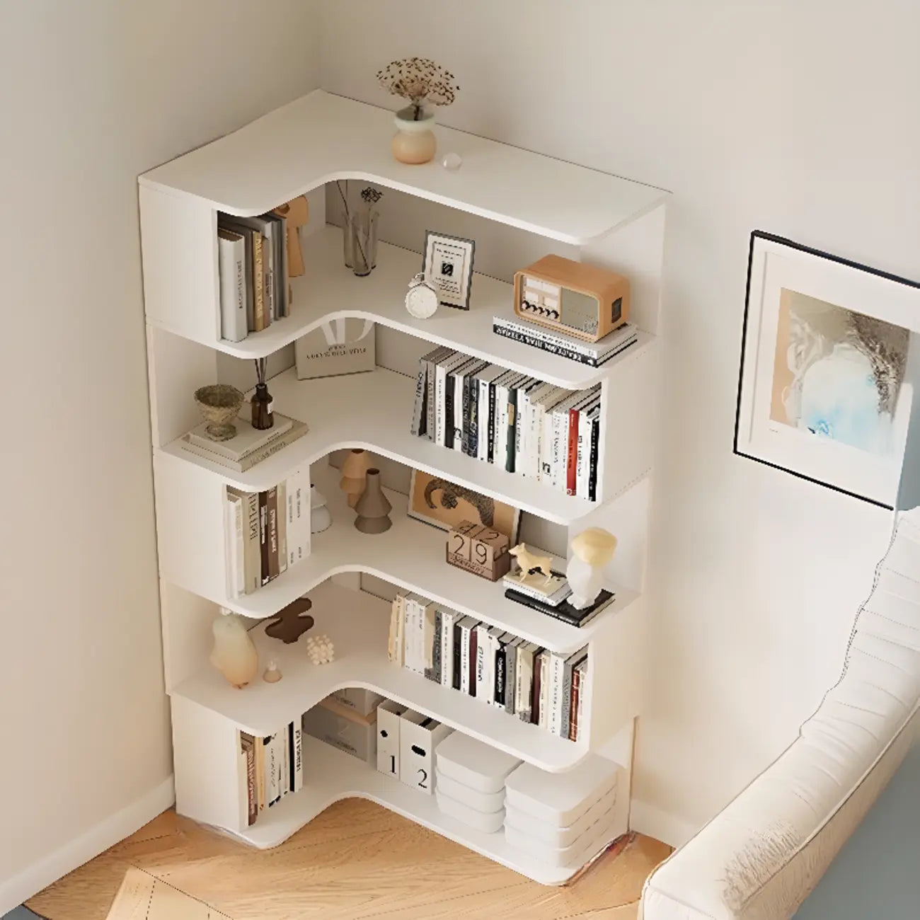 Étagère d'angle en bois manufacturé à 6 tablettes