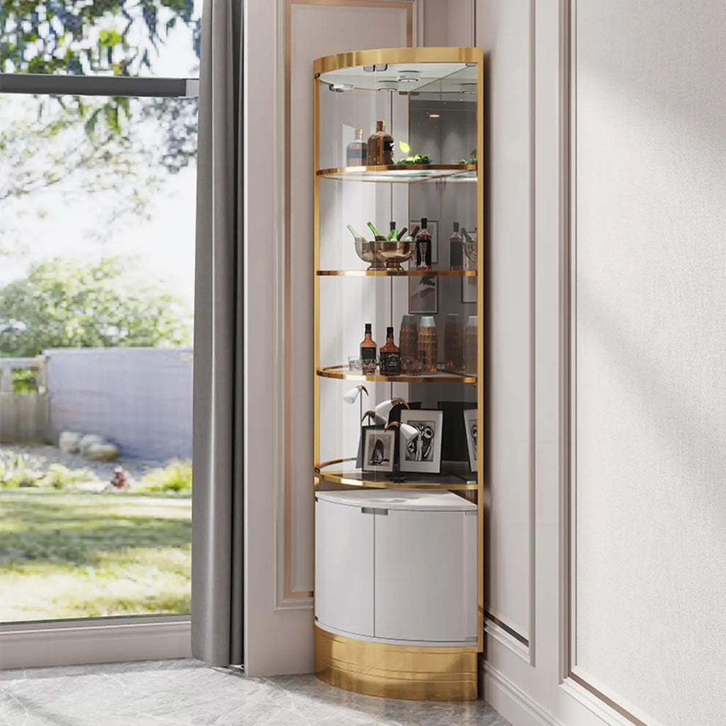 Meuble d'angle à vin avec étagères en verre et métal à plusieurs niveaux