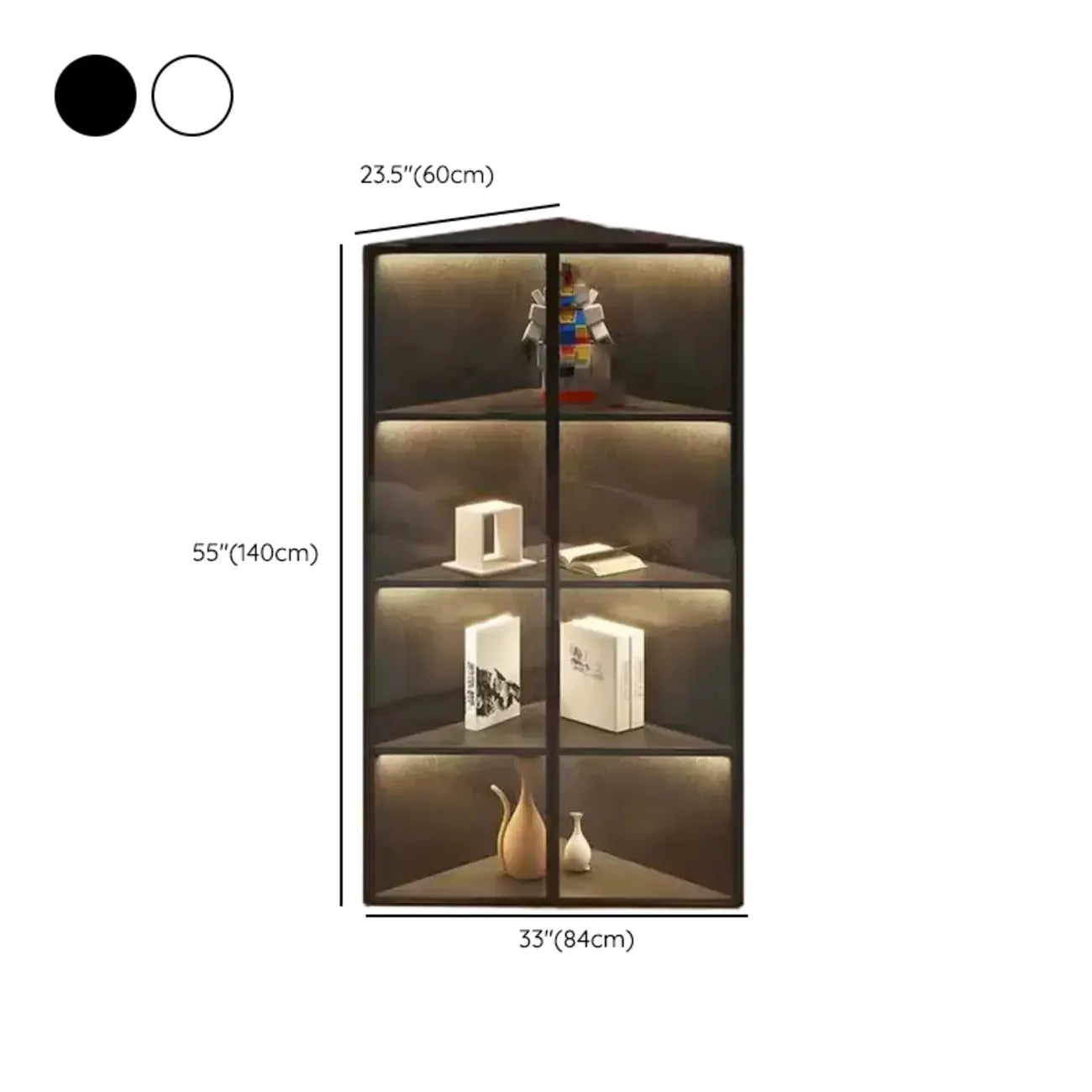 Meuble d'angle d'exposition moderne en bois et métal gris avec porte vitrée