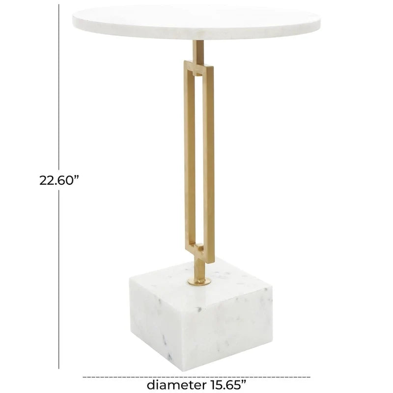 Table d'appoint géométrique en marbre avec support rectangulaire en métal doré - Blanc