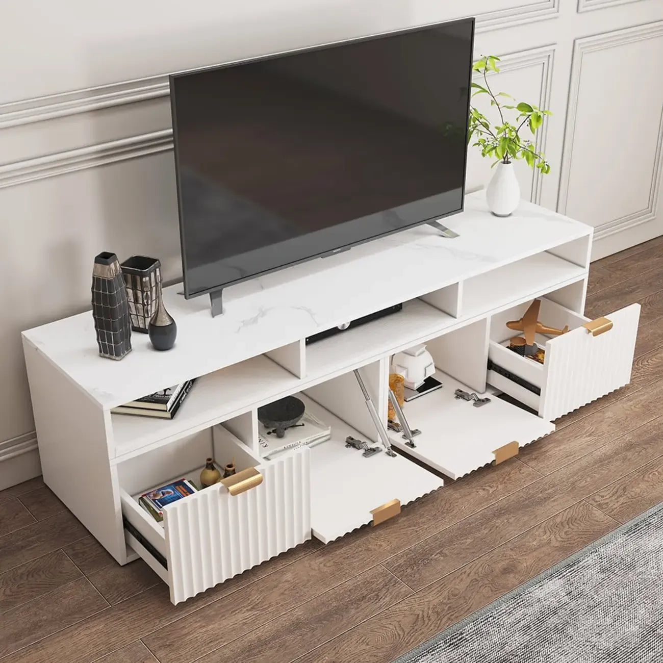 Meuble TV d'angle moderne blanc avec 2 tiroirs et rangement ouvert