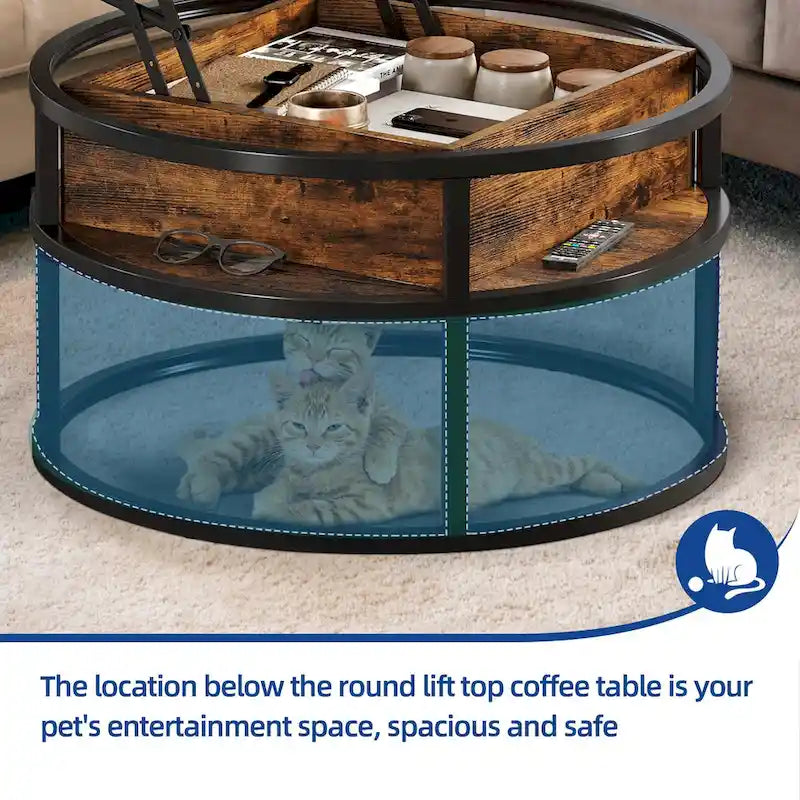 Table basse ronde relevable Moasis Farmhouse avec rangement dissimulé et étagère