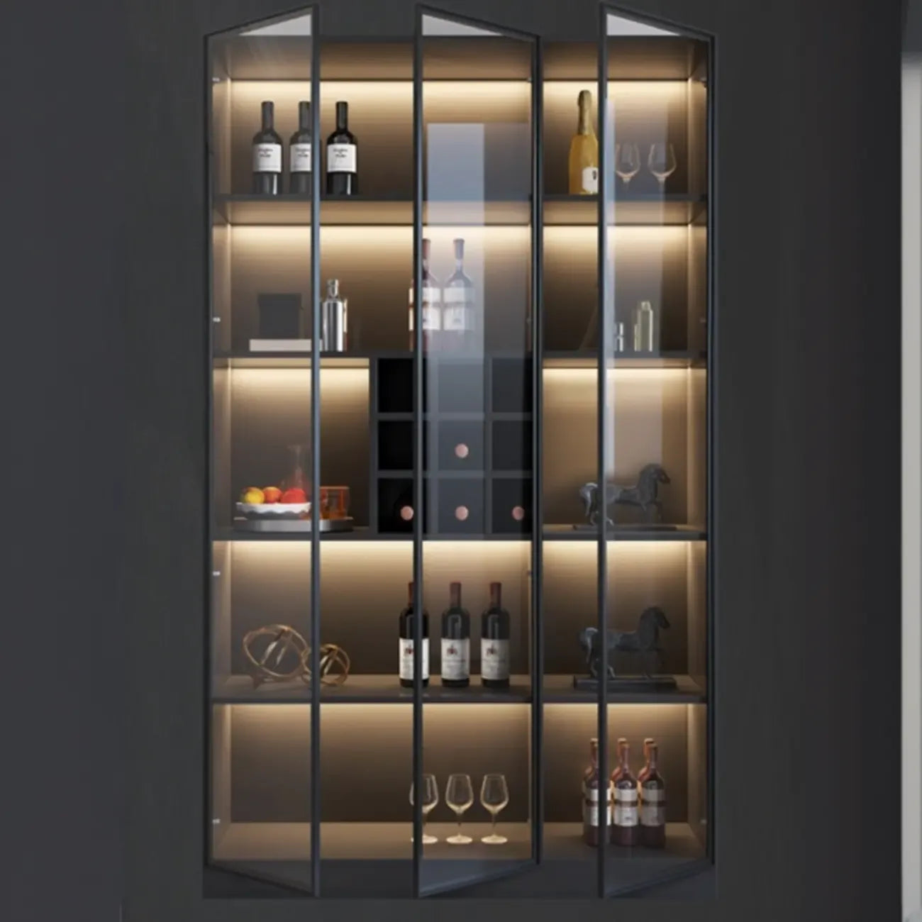 Meuble de rangement à vin minimaliste en bois noir avec porte vitrée