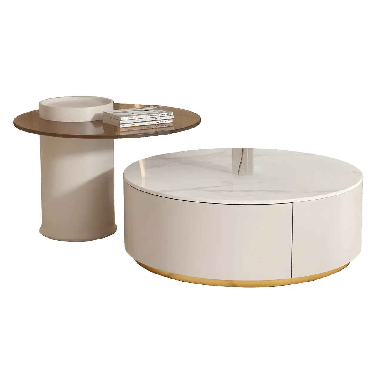 Table basse de forme tambour, ronde, en bois, moderne, blanche avec tiroir