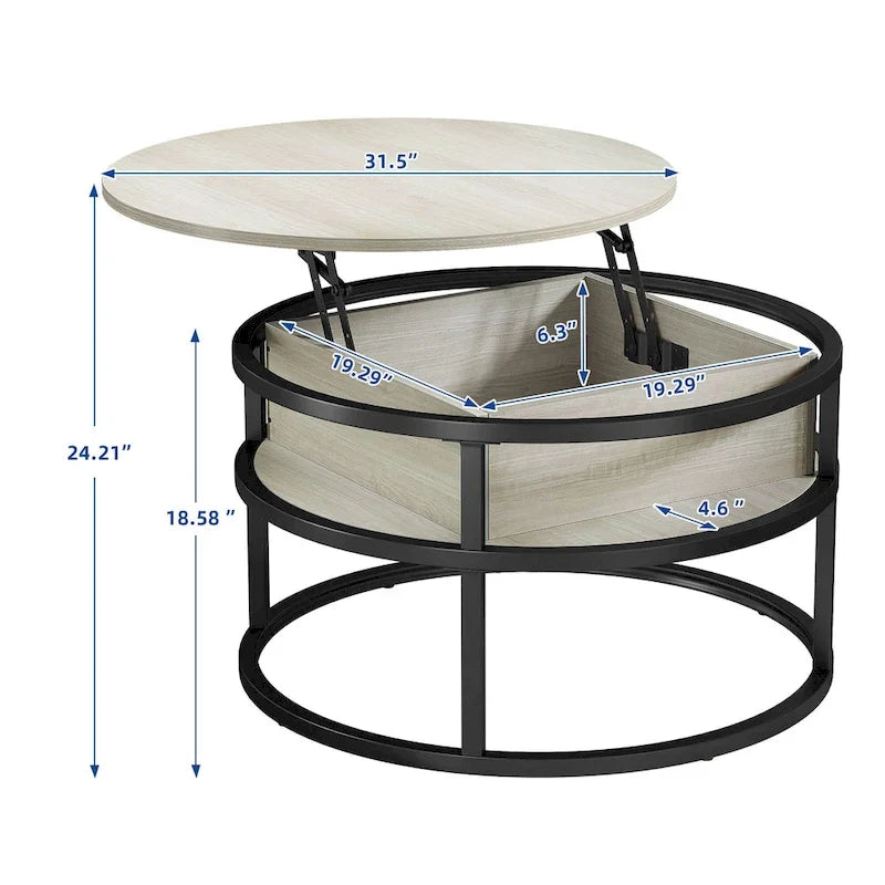 Table basse ronde relevable Moasis Farmhouse avec rangement dissimulé et étagère