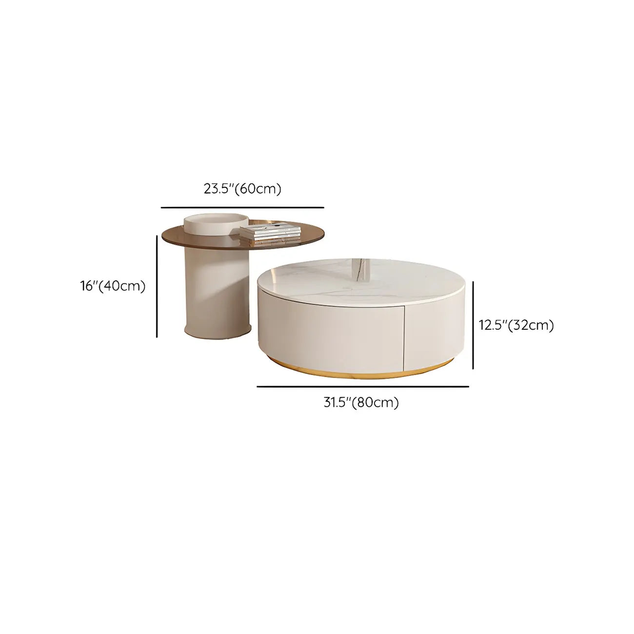 Table basse de forme tambour, ronde, en bois, moderne, blanche avec tiroir