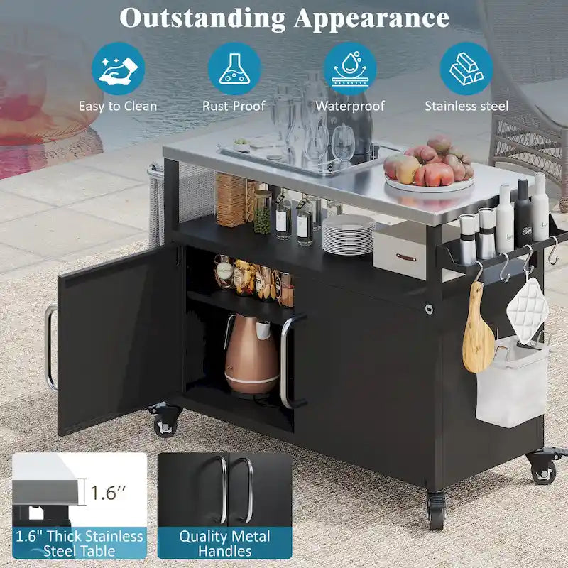 Ilot de cuisine extérieur avec plateau en acier inoxydable, table de chariot de barbecue en métal avec armoire de rangement - S.O.