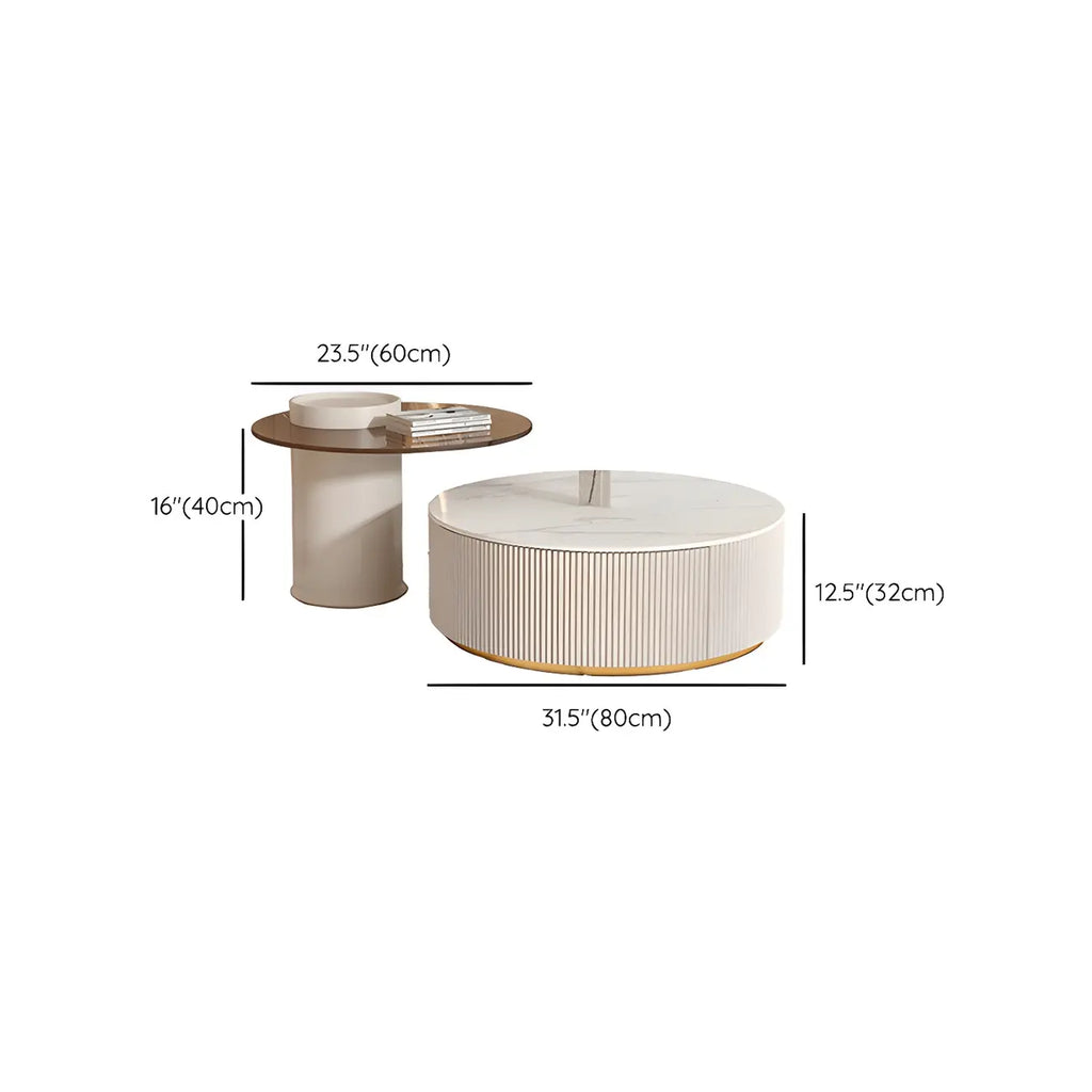 Table basse de forme tambour, ronde, en bois, moderne, blanche avec tiroir